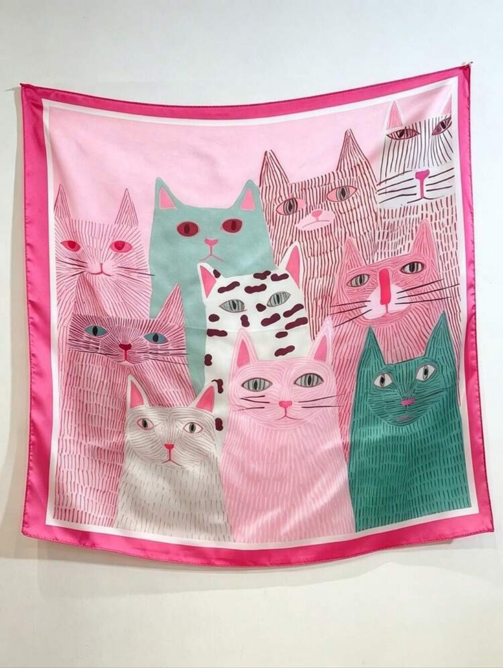 Silk-feel  Pink Cat Print  Scarf Head, Neck 70*70cm